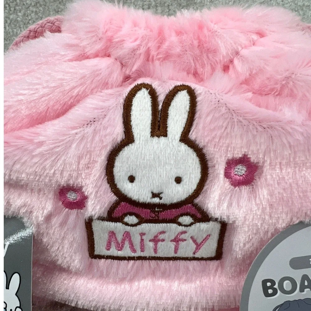 Miffy Boa Pouch Pink Faux Fur Plush Drawstring Bag Embroidered Inner Pockets NWT